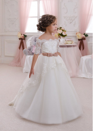 Off Shoulder Sequined Lace Tulle Long Flower Girl Dress